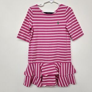 Polo Ralph Lauren Striped Short Sleeve Ruffle Dress Girls Size 5 Pink White